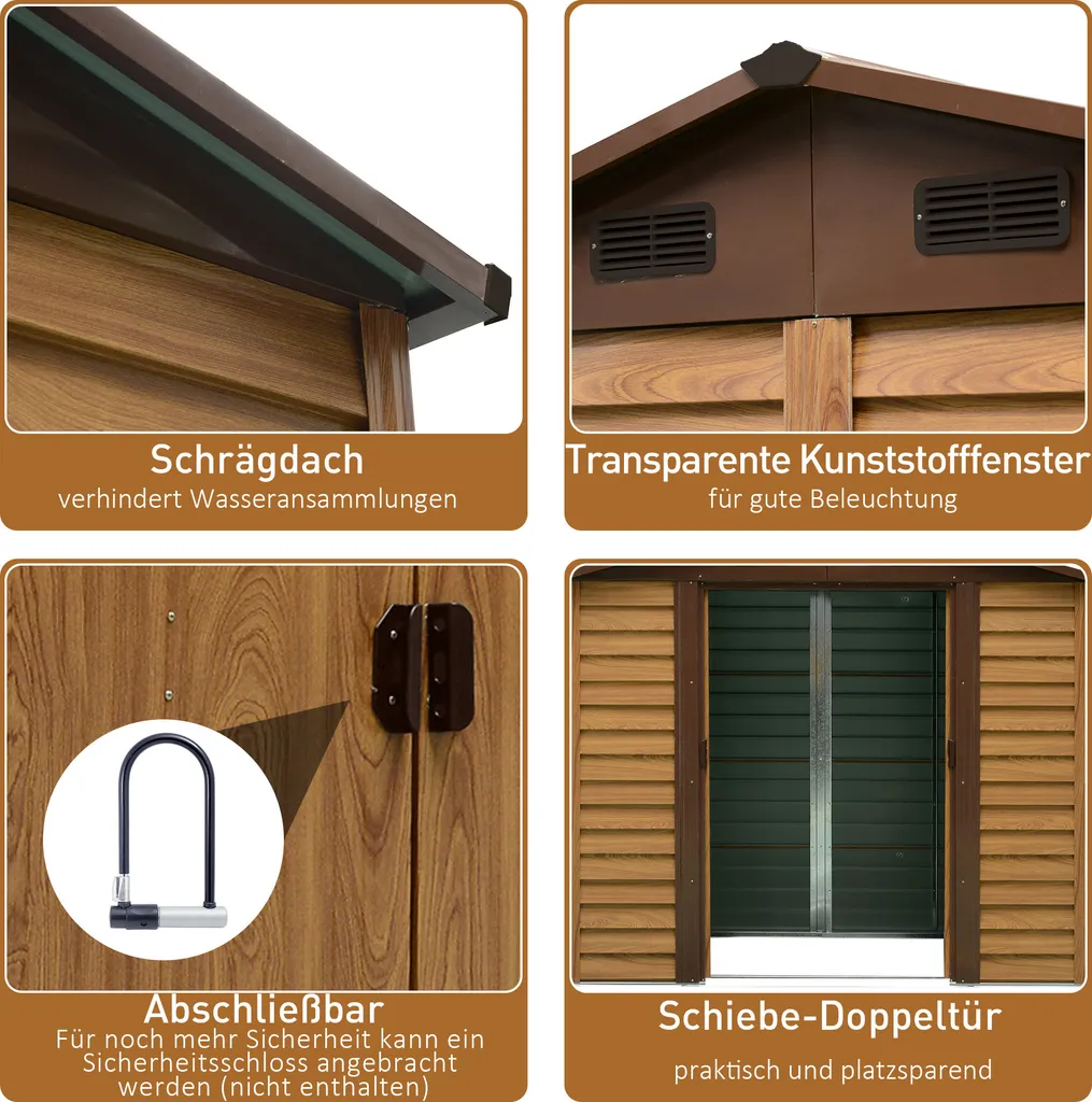 Outsunny Geräteschuppen Geräteschrank Schuppen Gerätehaus Gartenhaus 4 Fenster Holzmaserungsimitat L152 X B235,7 X H208,7 Cm 7 Outsunny Geräteschuppen Geräteschrank Schuppen Gerätehaus Gartenhaus 4 Fenster Holzmaserungsimitat L152 X B235,7 X H208,7 Cm – Bild 5