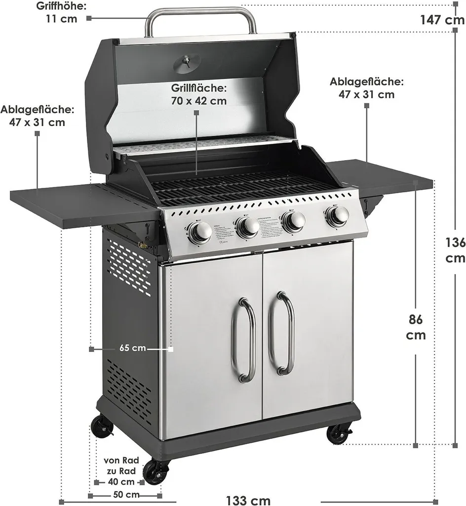 Juskys Gasgrill Kansas Mit 4 Brenner 12 KW, BBQ Grill Mit Gusseisen-Grillrost, Warmhalterost & Thermometer, XL Grillwagen 2 Seitenablagen & 4 Räder 20 Juskys Gasgrill Kansas Mit 4 Brenner 12 KW, BBQ Grill Mit Gusseisen-Grillrost, Warmhalterost & Thermometer, XL Grillwagen 2 Seitenablagen & 4 Räder – Bild 18
