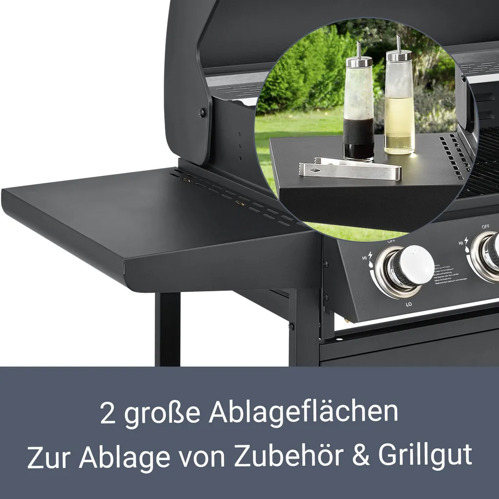 Juskys BBQ Gasgrill Dakota – Grillwagen Mit 5 Brenner 18 KW - Barbecue Grill Inkl. Deckel, Warmhalterost, Seitenablagen, Thermometer & Abdeckplane 7 Juskys BBQ Gasgrill Dakota – Grillwagen Mit 5 Brenner 18 KW - Barbecue Grill Inkl. Deckel, Warmhalterost, Seitenablagen, Thermometer & Abdeckplane – Bild 5