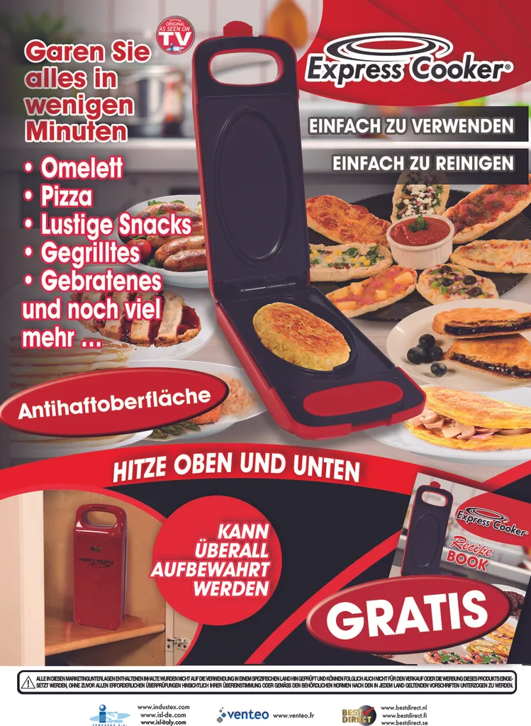 Express Cooker® Multi-Grill Mit Wendefunktion, 3 In1-Toasten-Backen-Braten, Anti-Haft Beschichtung, 800 Watt, Rot - Original Aus Der TV Werbung 13 Express Cooker® Multi-Grill Mit Wendefunktion, 3 In1-Toasten-Backen-Braten, Anti-Haft Beschichtung, 800 Watt, Rot - Original Aus Der TV Werbung – Bild 11