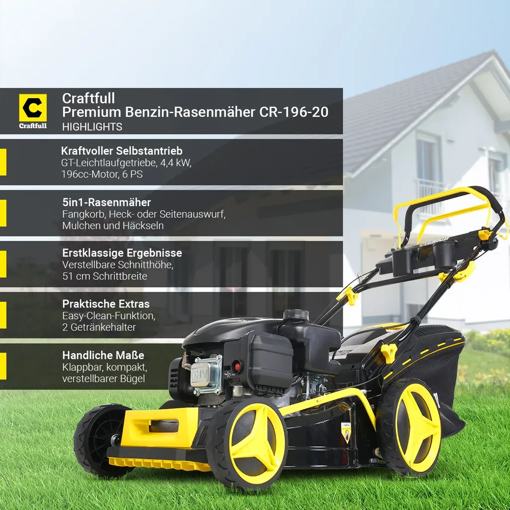 Craftfull Benzinrasenmäher CR-196-20, 51 Cm Schnittbreite, Benzin Rasenmäher Mit Radantrieb Inkl. Rasenkamm, 196 Cc, 4,4 KW / 6PS, Euro 5 Norm, 5in1, Marken Motor, GT-Markengetriebe, 8 Stufen Höhenverstellbar, 62 Liter Fangsack, Easy-Clean-Funktion 4 Craftfull Benzinrasenmäher CR-196-20, 51 Cm Schnittbreite, Benzin Rasenmäher Mit Radantrieb Inkl. Rasenkamm, 196 Cc, 4,4 KW / 6PS, Euro 5 Norm, 5in1, Marken Motor, GT-Markengetriebe, 8 Stufen Höhenverstellbar, 62 Liter Fangsack, Easy-Clean-Funktion – Bild 2