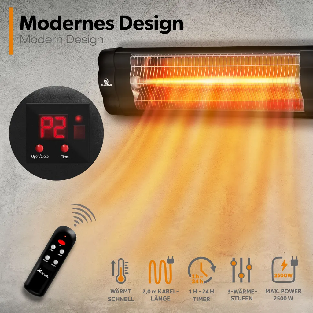 TRESKO Infrarot Heizstrahler 2500W Schwarz Mit Fernbedienung & Timer | Wärmestrahler Terrasse Elektrisch Mit 3 Heizstufen | Terrassenstrahler Innen & Außen | Wand-Infrarotstrahler Mit LED-Anzeige Quarzstrahler Wickeltischstrahler 4 TRESKO Infrarot Heizstrahler 2500W Schwarz Mit Fernbedienung & Timer | Wärmestrahler Terrasse Elektrisch Mit 3 Heizstufen | Terrassenstrahler Innen & Außen | Wand-Infrarotstrahler Mit LED-Anzeige Quarzstrahler Wickeltischstrahler – Bild 2