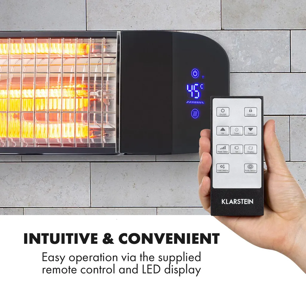Klarstein Smartwave Infrarot-Heizstrahler Terrassenheizstrahler , IR ComfortHeat , Carbonfaserröhre Mit 2400 Watt , Thermostat , Multicommand: WiFi-Appsteuerung Für Bis Zu 7 Geräte , Körpererkennung , OpenWindow Detection , Indoor & Outdoor , IP65 , Wand- Oder Deckenmontage , Gehäuse: Pulverbeschichtetes Aluminium , Fernbedienung , Schwarz 7 Klarstein Smartwave Infrarot-Heizstrahler Terrassenheizstrahler , IR ComfortHeat , Carbonfaserröhre Mit 2400 Watt , Thermostat , Multicommand: WiFi-Appsteuerung Für Bis Zu 7 Geräte , Körpererkennung , OpenWindow Detection , Indoor & Outdoor , IP65 , Wand- Oder Deckenmontage , Gehäuse: Pulverbeschichtetes Aluminium , Fernbedienung , Schwarz – Bild 5