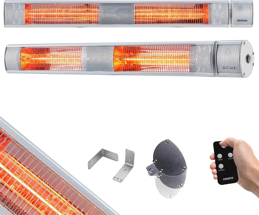 AREBOS Infrarot Heizstrahler Mit Fernbedienung, 3000W, 3 Heizstufen, Terrassenheizer, Wand-Heizstrahler, Silber 3 AREBOS Infrarot Heizstrahler Mit Fernbedienung, 3000W, 3 Heizstufen, Terrassenheizer, Wand-Heizstrahler, Silber