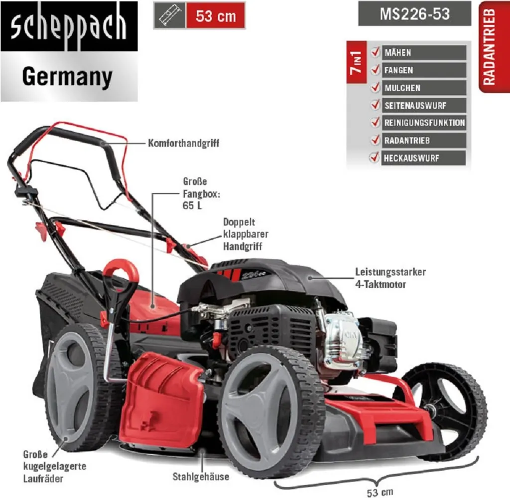 Scheppach 6 In 1 Benzin-Rasenmäher MS226-53 SE Rasentrimmer Gartenpflege 5 Scheppach 6 In 1 Benzin-Rasenmäher MS226-53 SE Rasentrimmer Gartenpflege – Bild 3