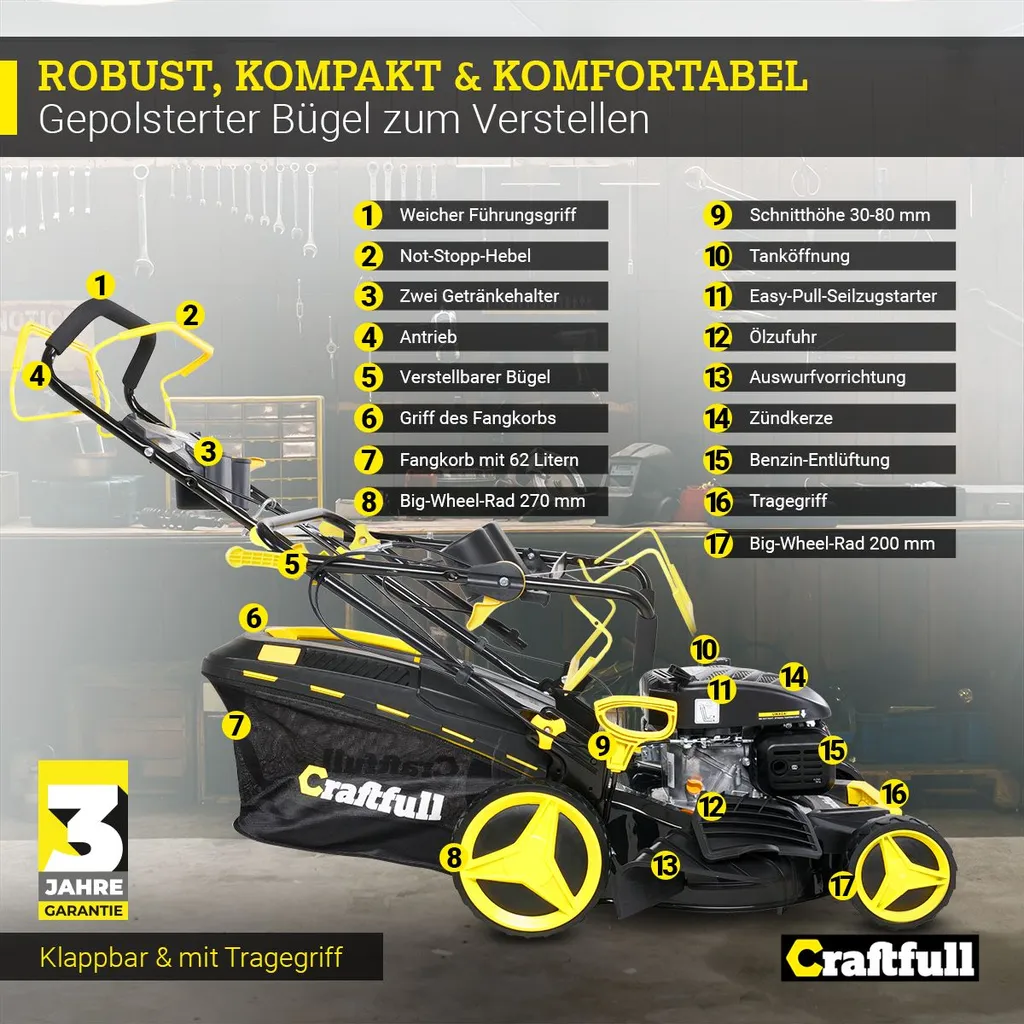 Craftfull Benzinrasenmäher CR-196-20, 51 Cm Schnittbreite, Benzin Rasenmäher Mit Radantrieb Inkl. Rasenkamm, 196 Cc, 4,4 KW / 6PS, Euro 5 Norm, 5in1, Marken Motor, GT-Markengetriebe, 8 Stufen Höhenverstellbar, 62 Liter Fangsack, Easy-Clean-Funktion 9 Craftfull Benzinrasenmäher CR-196-20, 51 Cm Schnittbreite, Benzin Rasenmäher Mit Radantrieb Inkl. Rasenkamm, 196 Cc, 4,4 KW / 6PS, Euro 5 Norm, 5in1, Marken Motor, GT-Markengetriebe, 8 Stufen Höhenverstellbar, 62 Liter Fangsack, Easy-Clean-Funktion – Bild 7