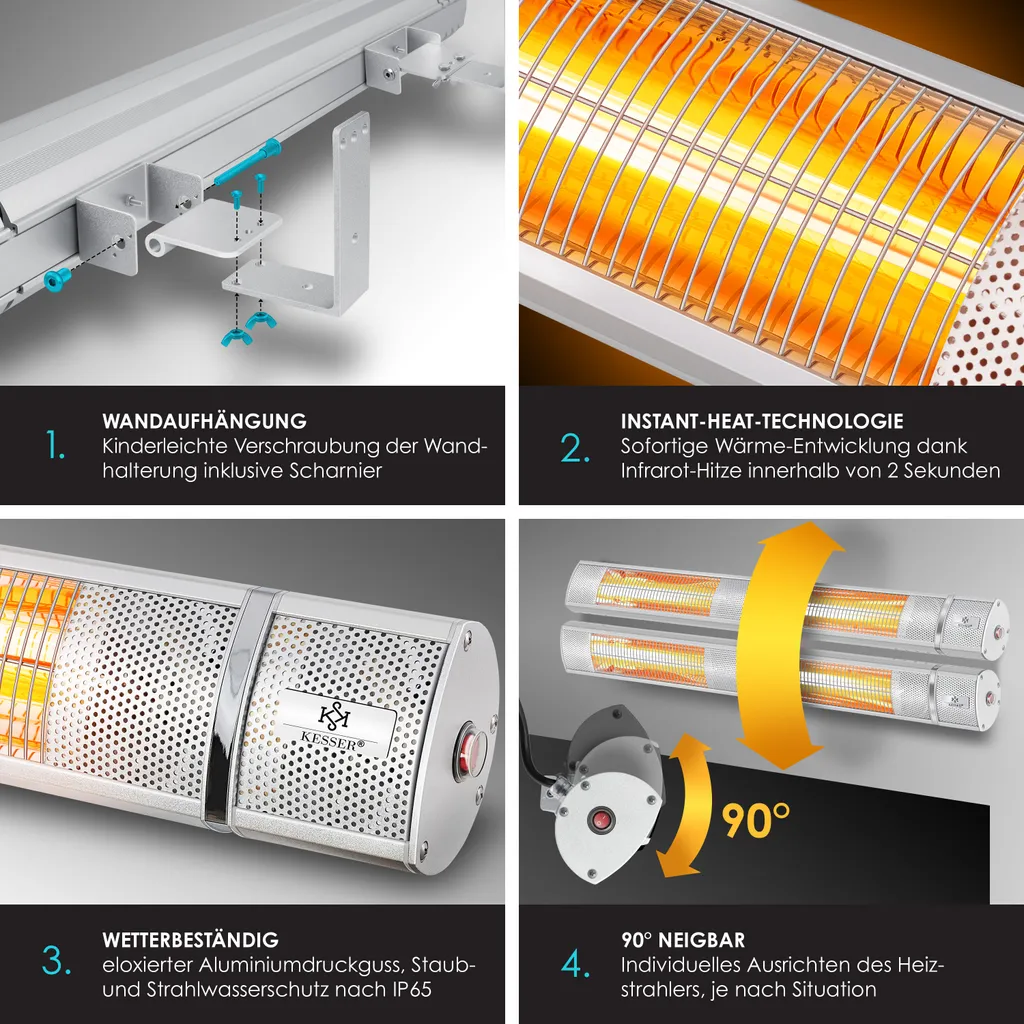 KESSER® Infrarot Heizstrahler 3000W IR-Gastro-Bar Terrassenstrahler Mit Fernbedienung Inkl. Schutzhülle Infrarotstrahler Quarzstrahler Terrassenheizer Wickeltischstrahler Wand-Heizstrahler Black, Leistung:3000W Silber 6 KESSER® Infrarot Heizstrahler 3000W IR-Gastro-Bar Terrassenstrahler Mit Fernbedienung Inkl. Schutzhülle Infrarotstrahler Quarzstrahler Terrassenheizer Wickeltischstrahler Wand-Heizstrahler Black, Leistung:3000W Silber – Bild 4