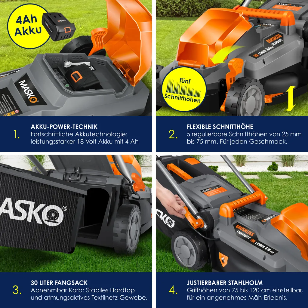 MASKO® Akku Rasenmäher ECO-X10 Inkl. Akkus Li-Ion Batterie 4 Ah & Doppel-Ladegerät – Rasentrimmer Schnittbreite, 25-75mm Schnitthöhenverstellung , Farbe:Schwarz / Orange, Größe:Schnittbreite 33cm 6 MASKO® Akku Rasenmäher ECO-X10 Inkl. Akkus Li-Ion Batterie 4 Ah & Doppel-Ladegerät – Rasentrimmer Schnittbreite, 25-75mm Schnitthöhenverstellung , Farbe:Schwarz / Orange, Größe:Schnittbreite 33cm – Bild 4