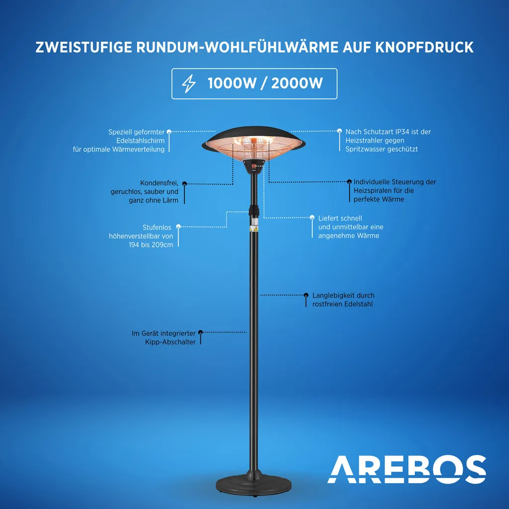 AREBOS - Standheizstrahler, Wärmelampe, Terrassenheizstrahler, 2 Heizstufen, Schwarz 5 AREBOS - Standheizstrahler, Wärmelampe, Terrassenheizstrahler, 2 Heizstufen, Schwarz – Bild 3