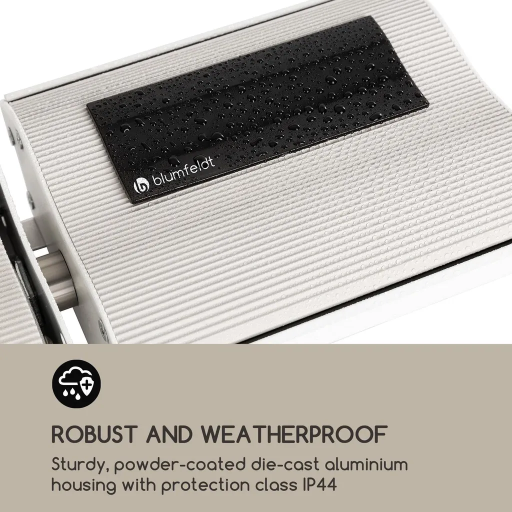 Blumfeldt Cosmic Beam Plus Terrassenheizstrahler Infrarot-Heizstrahler Elektroheizung , Dunkelstrahler , IR Comfort Heat , 2400 W , Thermostat: 5 - 45 °C , IP44 , Timer , Decken- Oder Wandinstallation , Fernbedienung , Aluminiumgehäuse , Weiß 6 Blumfeldt Cosmic Beam Plus Terrassenheizstrahler Infrarot-Heizstrahler Elektroheizung , Dunkelstrahler , IR Comfort Heat , 2400 W , Thermostat: 5 - 45 °C , IP44 , Timer , Decken- Oder Wandinstallation , Fernbedienung , Aluminiumgehäuse , Weiß – Bild 4