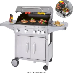 Proficook Gasgrill PC-GG 1181silber 4 Edelstahl-Brenner +zusätzliche Kochstelle (4+1) -Günstiges Laube Lust Geschäft 242b43d7789977506971a5171895d352