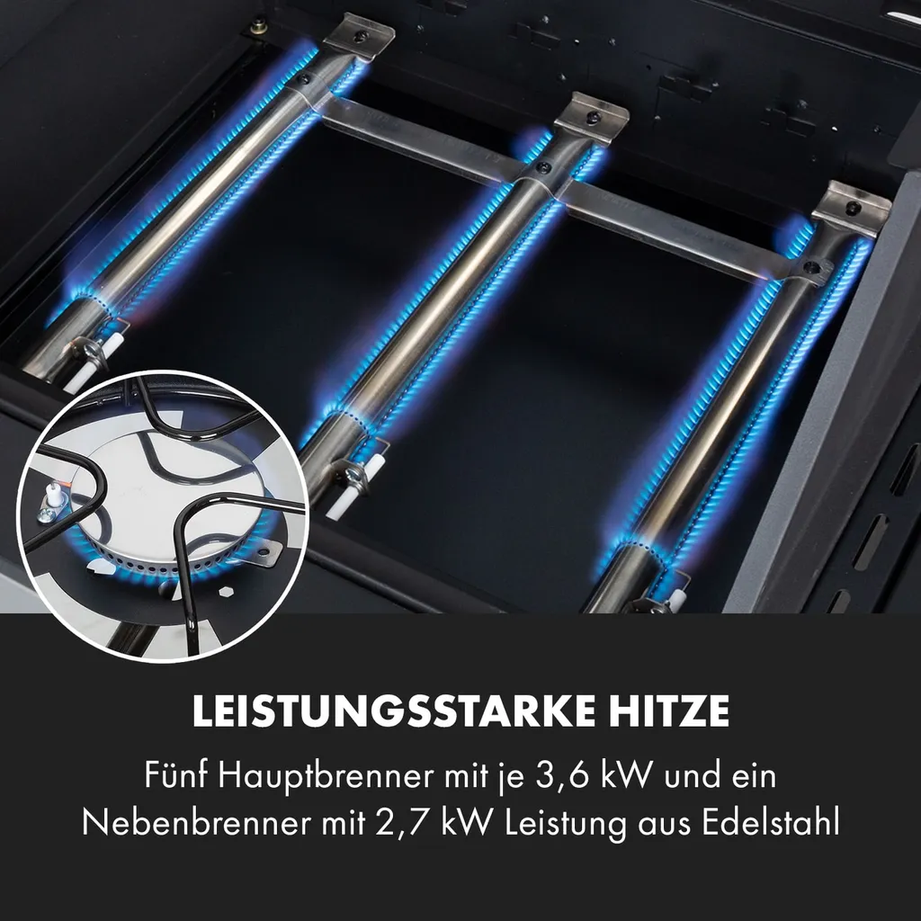 Klarstein Gasgrill Und Pizzaofen, Seitenbrenner Gasgrill Mit 6 Brenner, 20,5kW Edelstahl-Gasgrill, BBQ Gasgrill Für Balkon & Garten, Grill Für Propan, Gasgrills Mit Pizzastein & Thermometer 7 Klarstein Gasgrill Und Pizzaofen, Seitenbrenner Gasgrill Mit 6 Brenner, 20,5kW Edelstahl-Gasgrill, BBQ Gasgrill Für Balkon & Garten, Grill Für Propan, Gasgrills Mit Pizzastein & Thermometer – Bild 5