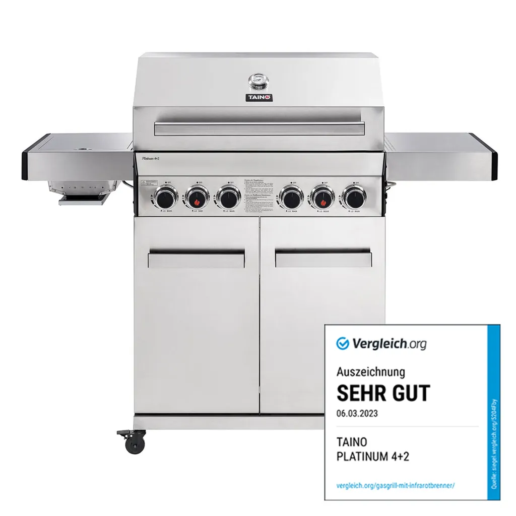 TAINO PLATINUM 4+2 Gasgrill Komplett Edelstahl 4-Brenner Silber Grillwagen BBQ Keramik-Brenner Backburner Sizzle-Zone Piezozündung Seitenkocher Gusseisen-Roste Set Inkl. Zubehör 4 TAINO PLATINUM 4+2 Gasgrill Komplett Edelstahl 4-Brenner Silber Grillwagen BBQ Keramik-Brenner Backburner Sizzle-Zone Piezozündung Seitenkocher Gusseisen-Roste Set Inkl. Zubehör – Bild 2