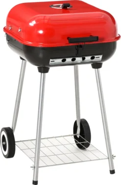 Outsunny Holzkohlegrill Grillwagen Kugelgrill Auf Rollen Ablage Mit Deckel BBQ Metall Rot 46 X 52,5 X 76cm