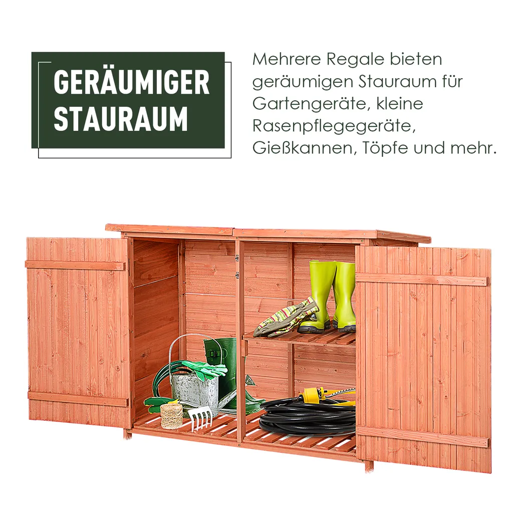Outsunny Gartenhaus, Gerätehaus Mit 3 Fächern, Geräteschuppen Mit Fachböden, 2 Türen, Asphaltdach, Massivholz Natur 128 X 50 X 82/90 Cm 6 Outsunny Gartenhaus, Gerätehaus Mit 3 Fächern, Geräteschuppen Mit Fachböden, 2 Türen, Asphaltdach, Massivholz Natur 128 X 50 X 82/90 Cm – Bild 4