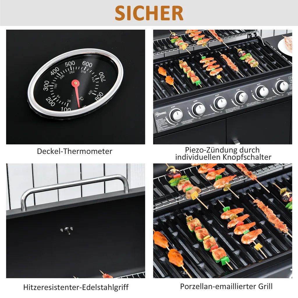 Outsunny Gasgrill BBQ Grillwagen Mit 6 Brennern 1 Seitenbrenner Schrank Multifunktion Metall Schwarz 135 X 50 X 100 Cm 7 Outsunny Gasgrill BBQ Grillwagen Mit 6 Brennern 1 Seitenbrenner Schrank Multifunktion Metall Schwarz 135 X 50 X 100 Cm – Bild 5