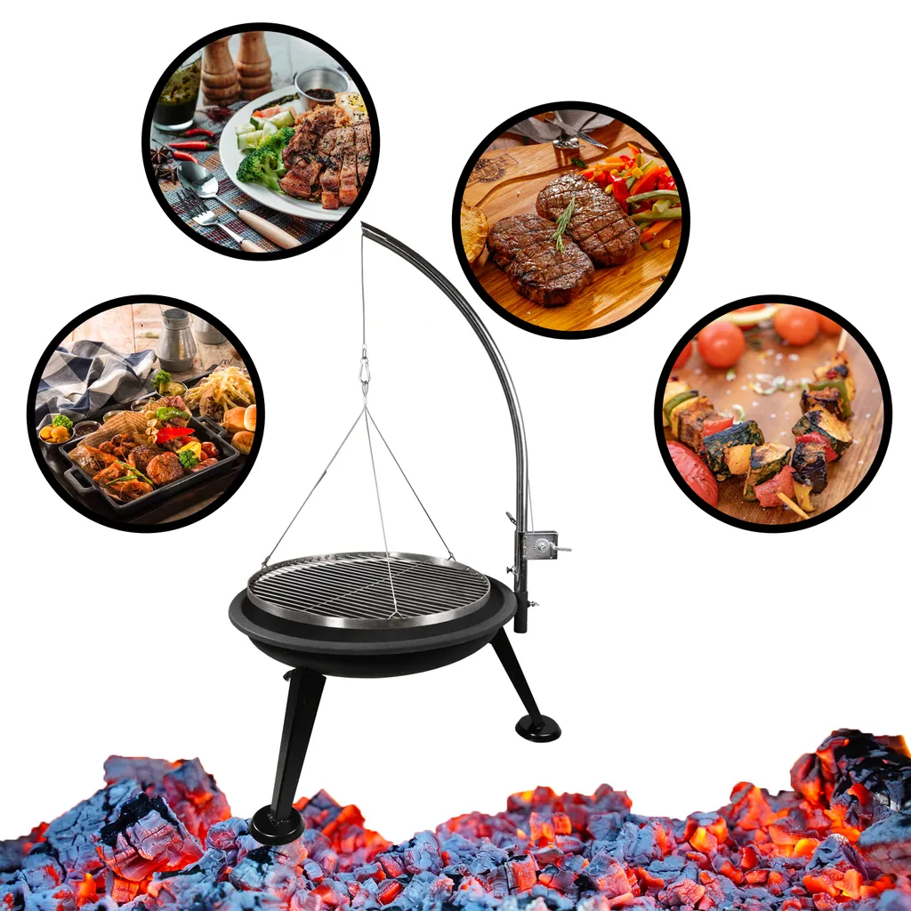 Ø 60 Cm Schwenkgrill Aus Edelstahl - Feuerschale Mit Galgen Aufhängung Feuerkorb - Seilzug Mit Kurbel - BBQ Grill Rost Dreibein Feuer Schale Rundgrill Holzkohlegrill Standgrill Grillwagen, Schwarz 4 Ø 60 Cm Schwenkgrill Aus Edelstahl - Feuerschale Mit Galgen Aufhängung Feuerkorb - Seilzug Mit Kurbel - BBQ Grill Rost Dreibein Feuer Schale Rundgrill Holzkohlegrill Standgrill Grillwagen, Schwarz – Bild 2