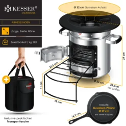 KESSER® Raketenofen Inkl. Grillpfanne Aus Gusseisen Mit Tragetasche Dutch Oven BBQ Rakete Holzofen Camping Campingkocher Campinggrill, Edelstahl, Farbe:Silber -Günstiges Laube Lust Geschäft 375e22877e7ca8c5e59a6eefda8148ef