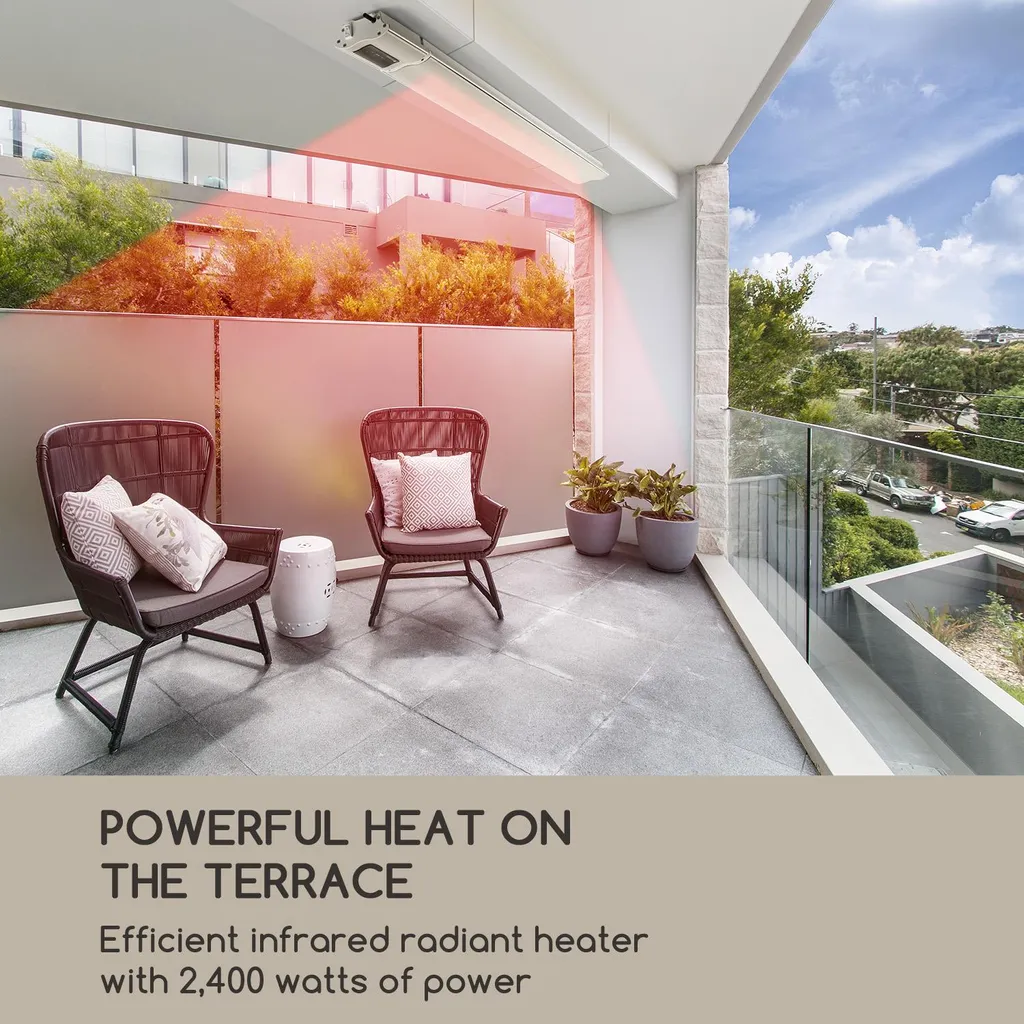 Blumfeldt Cosmic Beam Plus Terrassenheizstrahler Infrarot-Heizstrahler Elektroheizung , Dunkelstrahler , IR Comfort Heat , 2400 W , Thermostat: 5 - 45 °C , IP44 , Timer , Decken- Oder Wandinstallation , Fernbedienung , Aluminiumgehäuse , Weiß 4 Blumfeldt Cosmic Beam Plus Terrassenheizstrahler Infrarot-Heizstrahler Elektroheizung , Dunkelstrahler , IR Comfort Heat , 2400 W , Thermostat: 5 - 45 °C , IP44 , Timer , Decken- Oder Wandinstallation , Fernbedienung , Aluminiumgehäuse , Weiß – Bild 2
