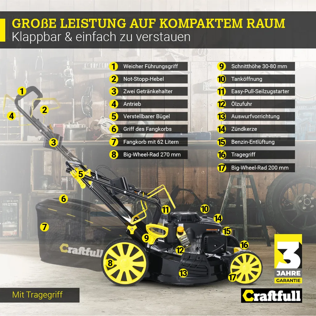Craftfull Benzinrasenmäher CR-224-20, 56 Cm Schnittbreite, Benzin Rasenmäher Mit Radantrieb Inkl. Rasenkamm, 196 Cc, 5,2 KW / 7,1PS, Euro 5 Norm, 5in1, Marken Motor, GT-Markengetriebe, 8 Stufen Höhenverstellbar, 62 Liter Fangsack, Easy-Clean-Funktion 9 Craftfull Benzinrasenmäher CR-224-20, 56 Cm Schnittbreite, Benzin Rasenmäher Mit Radantrieb Inkl. Rasenkamm, 196 Cc, 5,2 KW / 7,1PS, Euro 5 Norm, 5in1, Marken Motor, GT-Markengetriebe, 8 Stufen Höhenverstellbar, 62 Liter Fangsack, Easy-Clean-Funktion – Bild 7