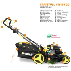 Craftfull Benzinrasenmäher CR-139-20, 46 Cm Schnittbreite, Benzin Rasenmäher Mit Radantrieb Inkl. Rasenkamm, 139cc, 3,2 KW / 4,5PS, Euro 5 Norm, 5in1, Marken Motor, GT-Markengetriebe, 8 Stufen Höhenverstellbar, 62 Liter Fangsack, Easy-Clean-Funktion -Günstiges Laube Lust Geschäft 3d5f8d3f05036ec584a3943980d3de84