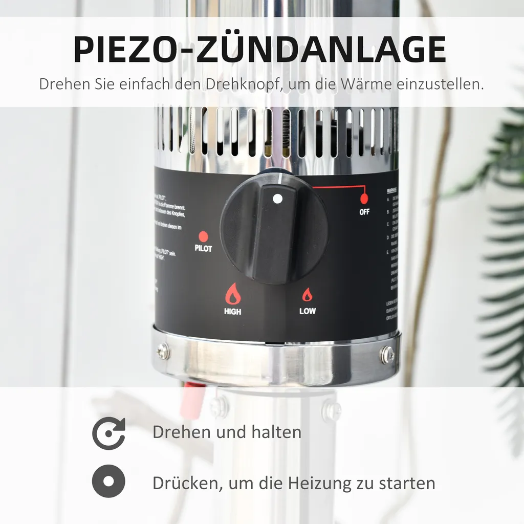 Outsunny Heizstrahler Terrassenheizer Mit Anti-Kipp-Schalter Automatischer Sicherheitsabschaltung Terrassenstrahler Mit Rädern Rollbar Gas 13,5kW Rostfreier Stahl Silber Ø81,5 X 225 Cm 8 Outsunny Heizstrahler Terrassenheizer Mit Anti-Kipp-Schalter Automatischer Sicherheitsabschaltung Terrassenstrahler Mit Rädern Rollbar Gas 13,5kW Rostfreier Stahl Silber Ø81,5 X 225 Cm – Bild 6