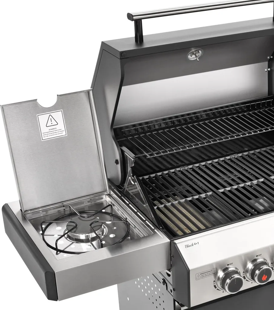 TAINO Black 4+1 Gasgrill Inkl. Zubehör Edelstahl Sear-Burner Power-Zone Keramik-Brenner BBQ Grillwagen Gusseisen Seitenkocher Piezozündung 11 TAINO Black 4+1 Gasgrill Inkl. Zubehör Edelstahl Sear-Burner Power-Zone Keramik-Brenner BBQ Grillwagen Gusseisen Seitenkocher Piezozündung – Bild 9