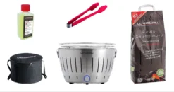 LotusGrill Starter-Set Classic 1x Grill Edelstahl Mit USB-Anschluß, 1x Buchenholzkohle 2,5 Kg, 1x Brennpaste 200ml, 1x Würstchenzange (Farbe Nach Vorrat), 1x Transport-Tragetasche - Der Raucharme Holzkohlegrill
