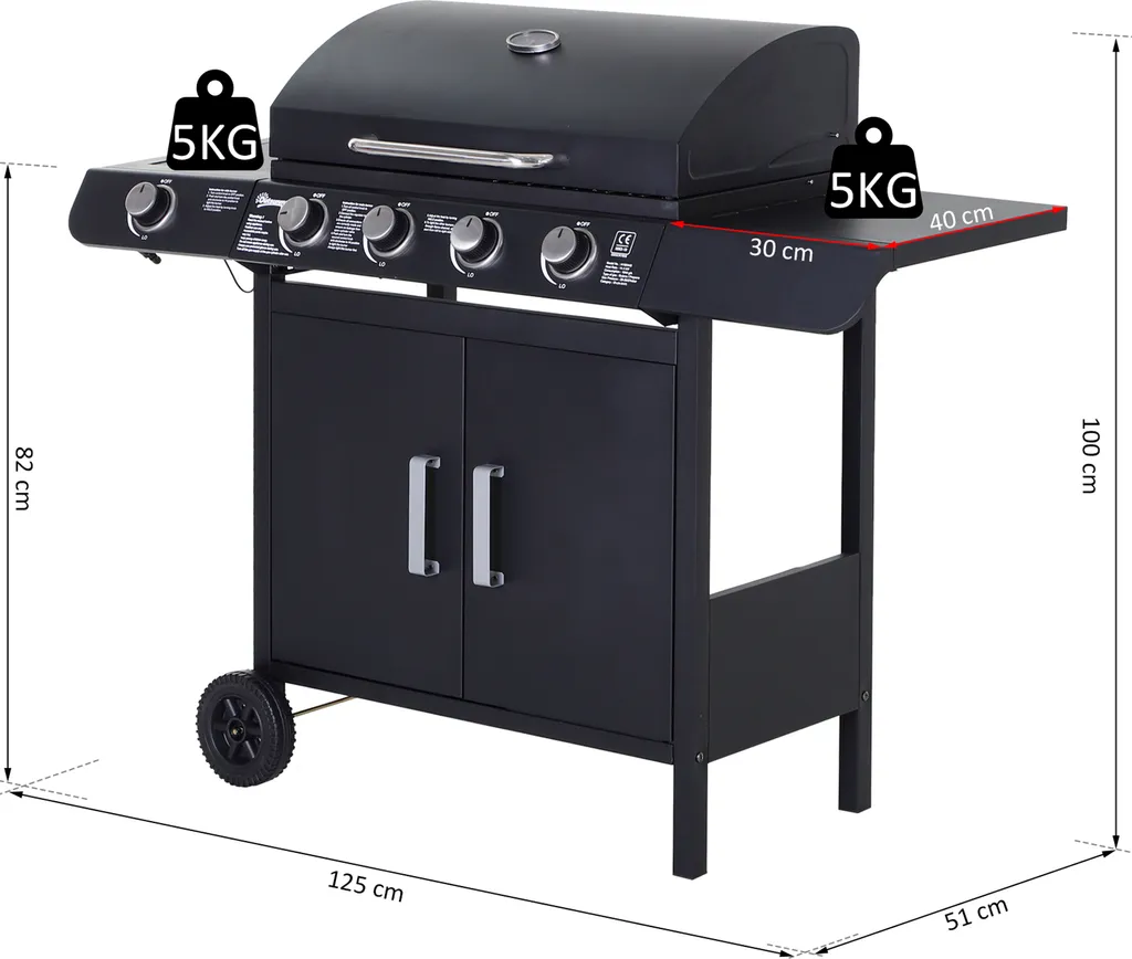 Outsunny Gasgrill BBQ Grillwagen Mit 4 Brennern 1 Seitenbrenner Schrank Multifunktion Metall Schwarz 125 X 51 X 100 Cm 7 Outsunny Gasgrill BBQ Grillwagen Mit 4 Brennern 1 Seitenbrenner Schrank Multifunktion Metall Schwarz 125 X 51 X 100 Cm – Bild 5