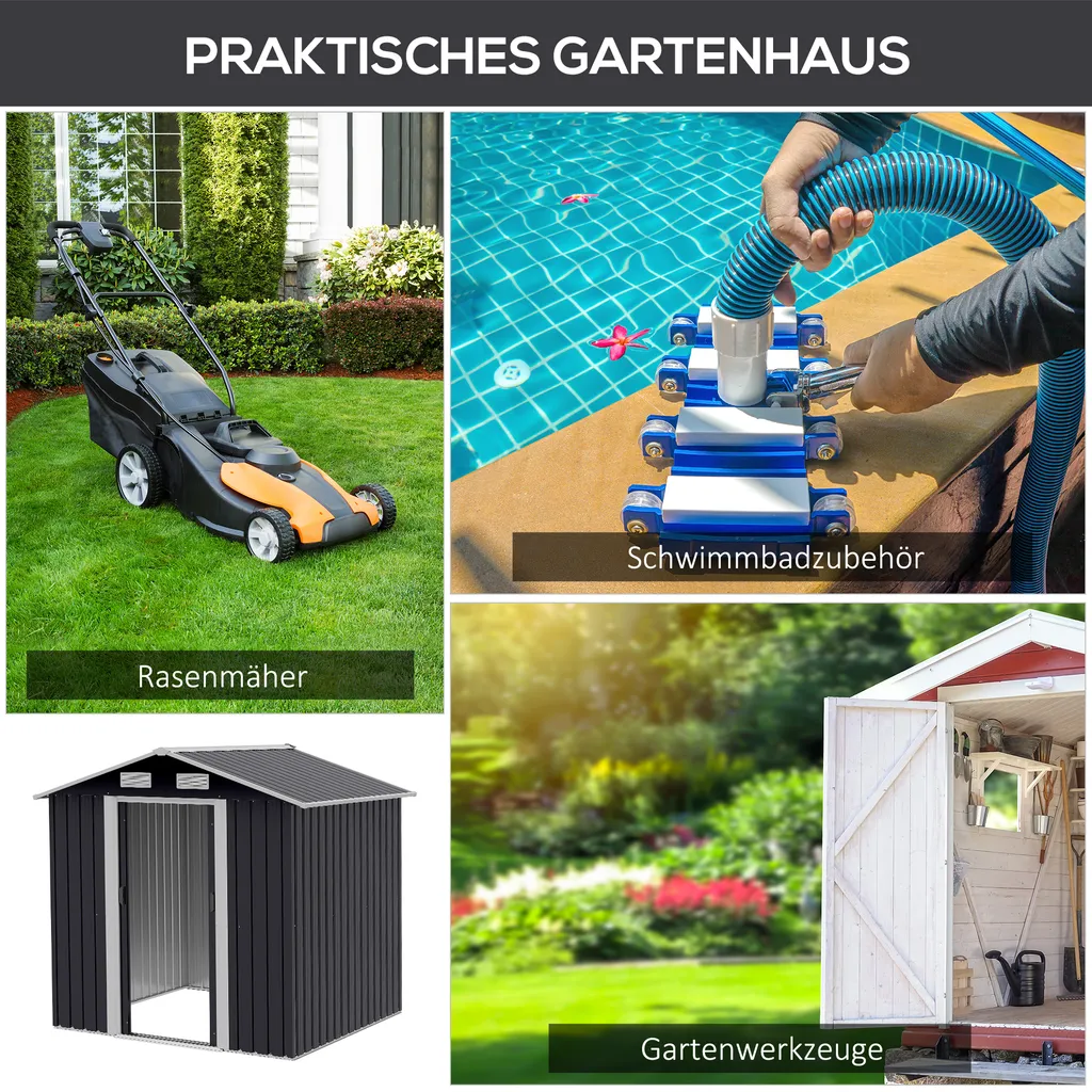 Outsunny Gerätehaus Mit 2 Schiebetüren Metall Gartenhaus 2,6 M² Geräteschuppen Verzinkter Stahl Dunkelgrau 195,5 X 153 X 188 Cm 7 Outsunny Gerätehaus Mit 2 Schiebetüren Metall Gartenhaus 2,6 M² Geräteschuppen Verzinkter Stahl Dunkelgrau 195,5 X 153 X 188 Cm – Bild 5