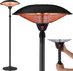 AREBOS - Standheizstrahler, Wärmelampe, Terrassenheizstrahler, 2 Heizstufen, Schwarz