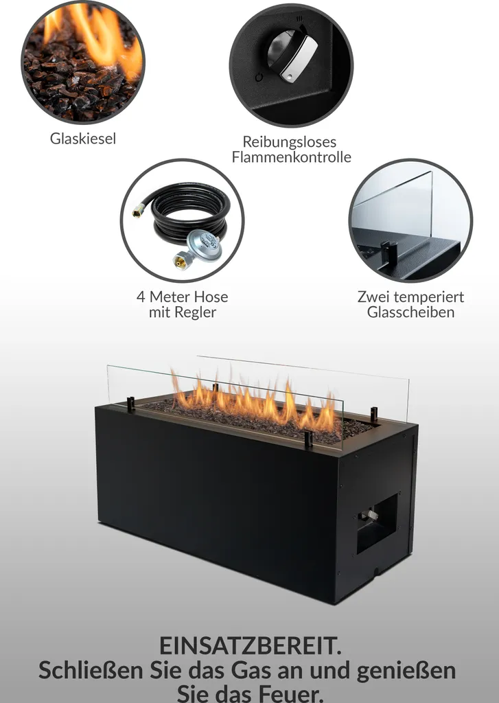 Planika Rio Gas Feuerstelle, Schwarz, Außenkamin, Outdoor, Rechteckig, Mit Glaskieselsteinen - Wetterfest, Terrassenheizung, Gasofen, Für Garten & Patio 5 Planika Rio Gas Feuerstelle, Schwarz, Außenkamin, Outdoor, Rechteckig, Mit Glaskieselsteinen - Wetterfest, Terrassenheizung, Gasofen, Für Garten & Patio – Bild 3