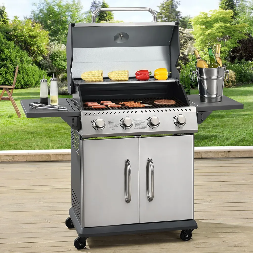Juskys Gasgrill Kansas Mit 4 Brenner 12 KW, BBQ Grill Mit Gusseisen-Grillrost, Warmhalterost & Thermometer, XL Grillwagen 2 Seitenablagen & 4 Räder 19 Juskys Gasgrill Kansas Mit 4 Brenner 12 KW, BBQ Grill Mit Gusseisen-Grillrost, Warmhalterost & Thermometer, XL Grillwagen 2 Seitenablagen & 4 Räder – Bild 17