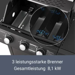 Juskys BBQ Gasgrill Louisiana 8,1 KW Mit 3 Brenner, Grillrost, Deckel Mit Thermometer, Warmhalterost & Seitenablagen – Grillwagen Mit Stahl Korpus -Günstiges Laube Lust Geschäft 4942acd0f0c7d3a1a7b83a2cc4e6027d
