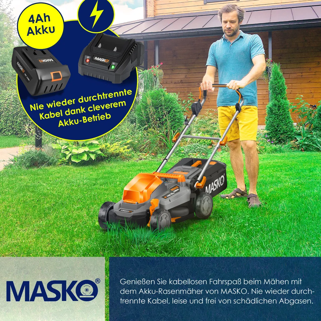 MASKO® Akku Rasenmäher ECO-X10 Inkl. Akkus Li-Ion Batterie 4 Ah & Doppel-Ladegerät – Rasentrimmer Schnittbreite, 25-75mm Schnitthöhenverstellung , Farbe:Schwarz / Orange, Größe:Schnittbreite 33cm 8 MASKO® Akku Rasenmäher ECO-X10 Inkl. Akkus Li-Ion Batterie 4 Ah & Doppel-Ladegerät – Rasentrimmer Schnittbreite, 25-75mm Schnitthöhenverstellung , Farbe:Schwarz / Orange, Größe:Schnittbreite 33cm – Bild 6