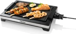 Bestron Elektrischer Tischgrill, Teppanyaki Mit Herausnehmbarer Grillplatte & Zwei Grilloberflächen, Antihaftbeschichtet, 2.000 Watt, Schwarz/Silber