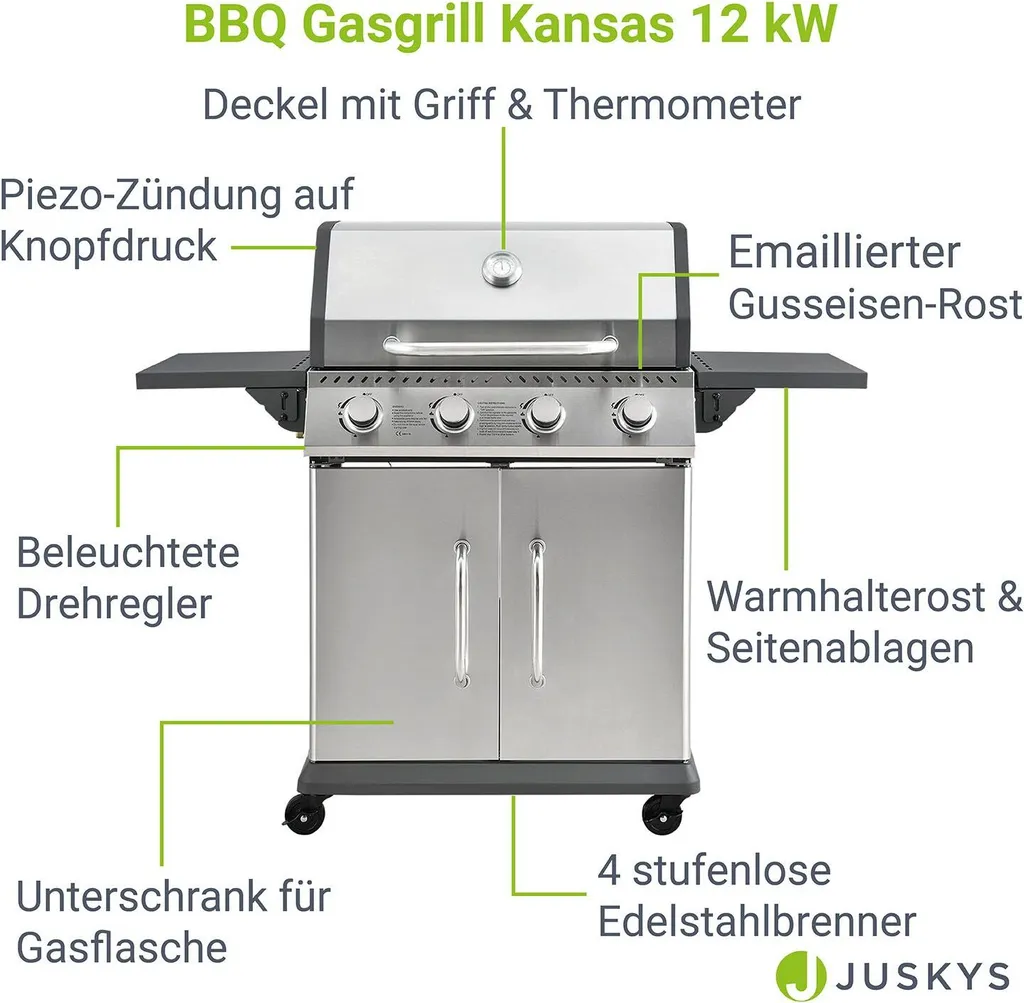 Juskys Gasgrill Kansas Mit 4 Brenner 12 KW, BBQ Grill Mit Gusseisen-Grillrost, Warmhalterost & Thermometer, XL Grillwagen 2 Seitenablagen & 4 Räder 5 Juskys Gasgrill Kansas Mit 4 Brenner 12 KW, BBQ Grill Mit Gusseisen-Grillrost, Warmhalterost & Thermometer, XL Grillwagen 2 Seitenablagen & 4 Räder – Bild 3