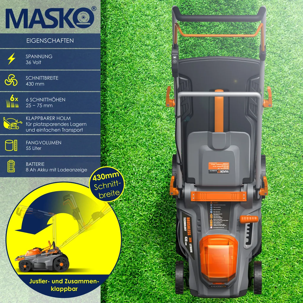 MASKO® Akku Rasenmäher ECO-X10 Inkl. Akkus Li-Ion Batterie 4 Ah & Doppel-Ladegerät – Rasentrimmer Schnittbreite, 25-75mm Schnitthöhenverstellung , Farbe:Schwarz / Orange, Größe:Schnittbreite 43cm 4 MASKO® Akku Rasenmäher ECO-X10 Inkl. Akkus Li-Ion Batterie 4 Ah & Doppel-Ladegerät – Rasentrimmer Schnittbreite, 25-75mm Schnitthöhenverstellung , Farbe:Schwarz / Orange, Größe:Schnittbreite 43cm – Bild 2