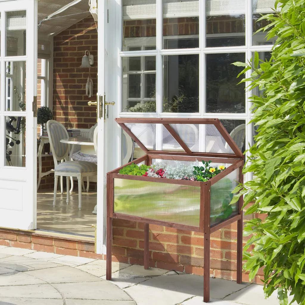 Outsunny Hochbeet Aus Holz Frühbeet Gewächstisch Kräuterbeet Pflanzkasten Für Garten, Balkon Und Terrasse Braun Tannenholz PC-Platte 90 X 50 X 93 Cm 4 Outsunny Hochbeet Aus Holz Frühbeet Gewächstisch Kräuterbeet Pflanzkasten Für Garten, Balkon Und Terrasse Braun Tannenholz PC-Platte 90 X 50 X 93 Cm – Bild 2