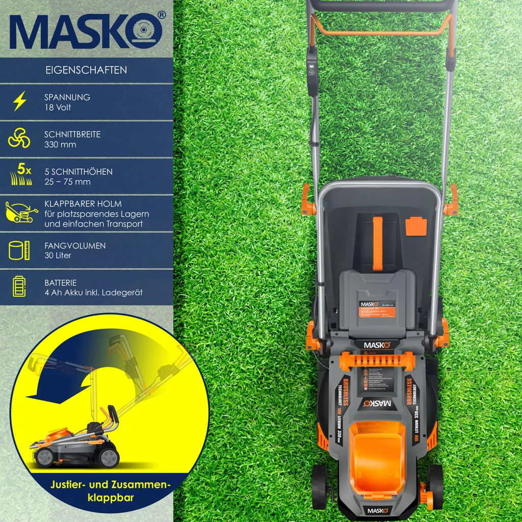 MASKO® Akku Rasenmäher ECO-X10 Inkl. Akkus Li-Ion Batterie 4 Ah & Doppel-Ladegerät – Rasentrimmer Schnittbreite, 25-75mm Schnitthöhenverstellung , Farbe:Schwarz / Orange, Größe:Schnittbreite 33cm 4 MASKO® Akku Rasenmäher ECO-X10 Inkl. Akkus Li-Ion Batterie 4 Ah & Doppel-Ladegerät – Rasentrimmer Schnittbreite, 25-75mm Schnitthöhenverstellung , Farbe:Schwarz / Orange, Größe:Schnittbreite 33cm – Bild 2