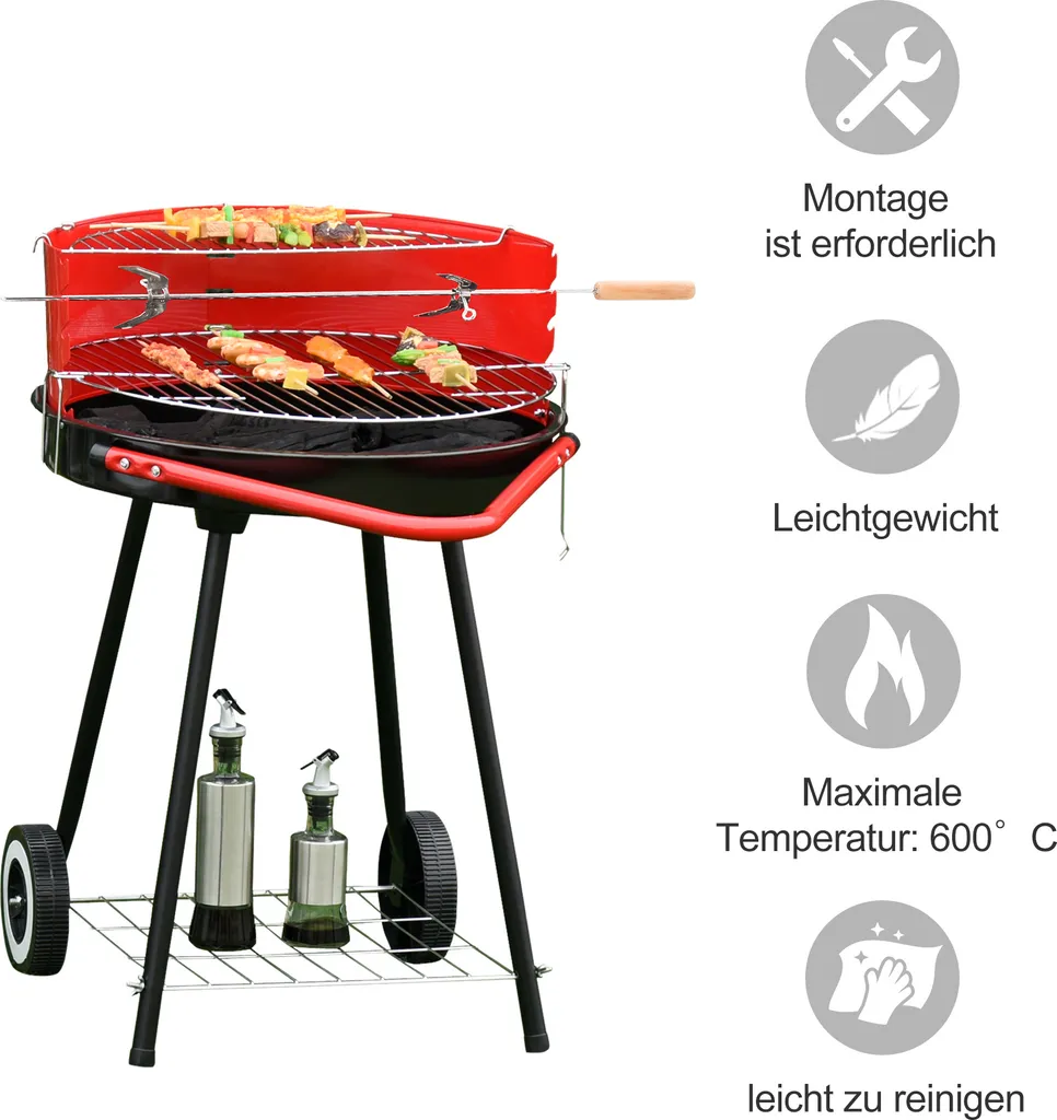 Outsunny Holzkohlegrill Rundgrill Standgrill Auf Rollen Mit Ablage Rost BBQ Metall Rot L70 X B51 X H75,5cm 6 Outsunny Holzkohlegrill Rundgrill Standgrill Auf Rollen Mit Ablage Rost BBQ Metall Rot L70 X B51 X H75,5cm – Bild 4
