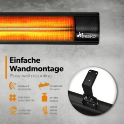 TRESKO Infrarot Heizstrahler 3000W Schwarz Mit Fernbedienung | Wärmestrahler Terrasse Elektrisch Mit 3 Heizstufen | Terrassenstrahler Innen & Außen | Wand-Heizstrahler Infrarotstrahler Quarzstrahler Wickeltischstrahler -Günstiges Laube Lust Geschäft 6a098a7076732351a477cf36204a619c