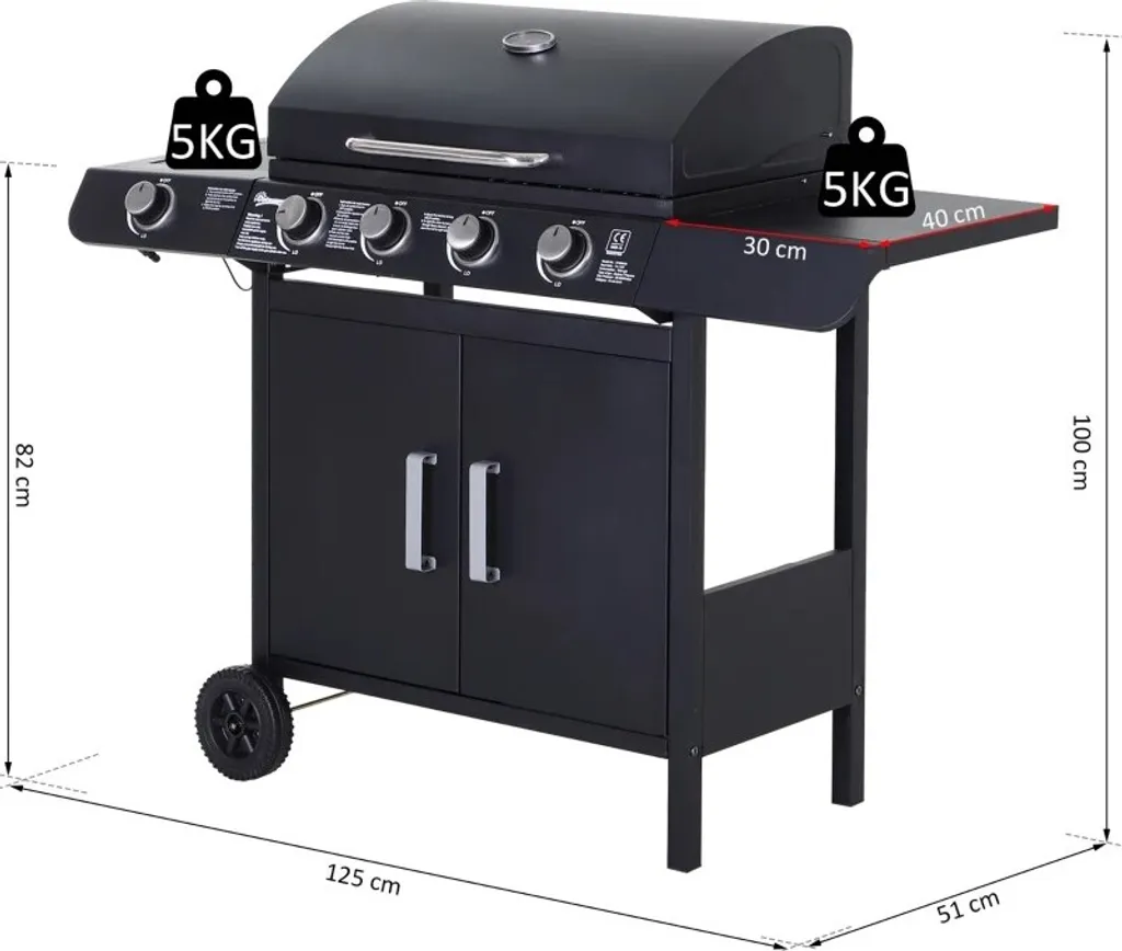 Outsunny Gasgrill BBQ Grillwagen Mit 4 Brennern 1 Seitenbrenner Schrank Multifunktion Metall Schwarz 125 X 51 X 100 Cm 4 Outsunny Gasgrill BBQ Grillwagen Mit 4 Brennern 1 Seitenbrenner Schrank Multifunktion Metall Schwarz 125 X 51 X 100 Cm – Bild 2