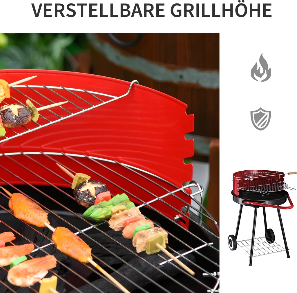 Outsunny Holzkohlegrill Rundgrill Standgrill Auf Rollen Mit Ablage Rost BBQ Metall Rot L70 X B51 X H75,5cm 9 Outsunny Holzkohlegrill Rundgrill Standgrill Auf Rollen Mit Ablage Rost BBQ Metall Rot L70 X B51 X H75,5cm – Bild 7