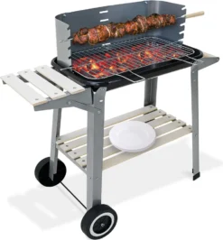 Grillwagen Holzkohlegrill BBQ Grill Inkl. Räder Ablagen Grillspieß Windschutz Garten Terrasse Campingrill Fahrbar