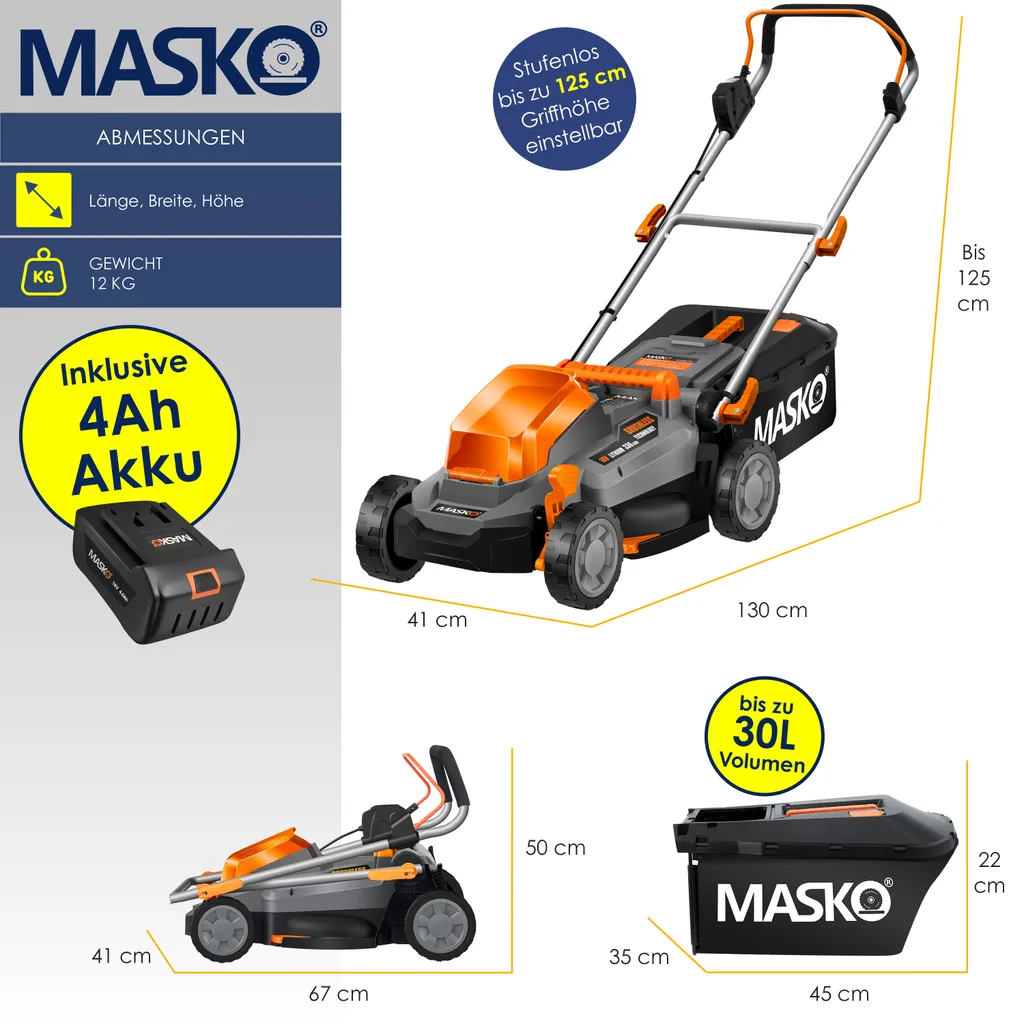 MASKO® Akku Rasenmäher ECO-X10 Inkl. Akkus Li-Ion Batterie 4 Ah & Doppel-Ladegerät – Rasentrimmer Schnittbreite, 25-75mm Schnitthöhenverstellung , Farbe:Schwarz / Orange, Größe:Schnittbreite 33cm 9 MASKO® Akku Rasenmäher ECO-X10 Inkl. Akkus Li-Ion Batterie 4 Ah & Doppel-Ladegerät – Rasentrimmer Schnittbreite, 25-75mm Schnitthöhenverstellung , Farbe:Schwarz / Orange, Größe:Schnittbreite 33cm – Bild 7