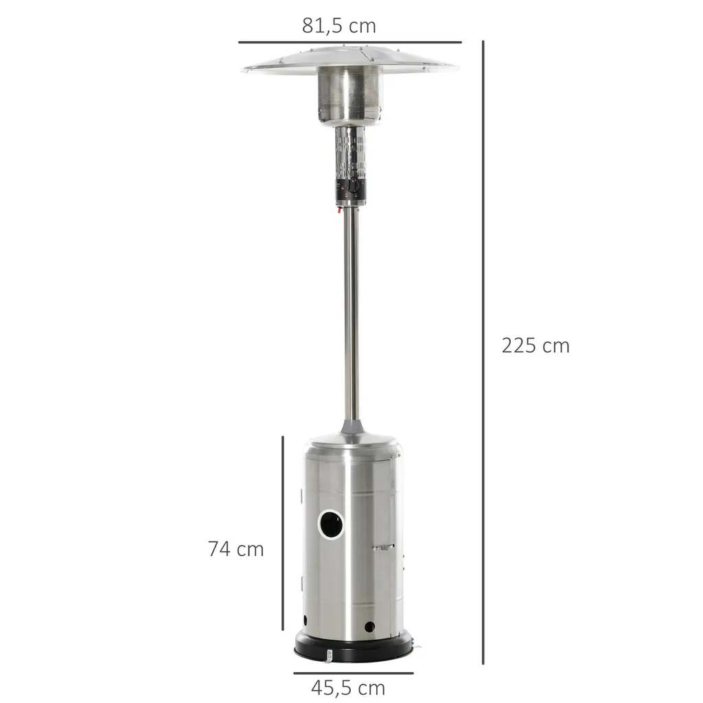 Outsunny Heizstrahler Terrassenheizer Mit Anti-Kipp-Schalter Automatischer Sicherheitsabschaltung Terrassenstrahler Mit Rädern Rollbar Gas 13,5kW Rostfreier Stahl Silber Ø81,5 X 225 Cm 5 Outsunny Heizstrahler Terrassenheizer Mit Anti-Kipp-Schalter Automatischer Sicherheitsabschaltung Terrassenstrahler Mit Rädern Rollbar Gas 13,5kW Rostfreier Stahl Silber Ø81,5 X 225 Cm – Bild 3