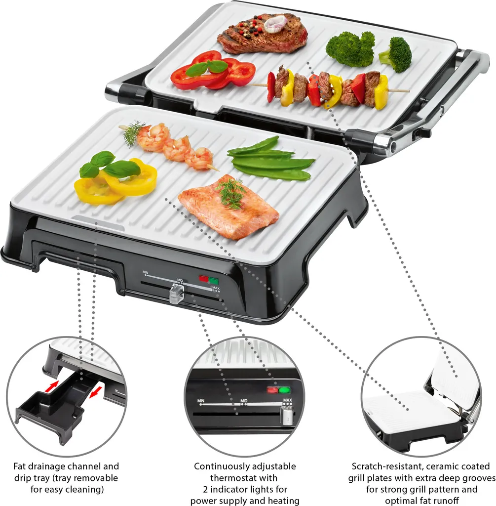 Clatronic KG 3571 Elektrischer Kontaktgrill, Multigrill, Für Beidseitiges & Fettfreies Grillen, Antihaftbeschichtete Platten, Kabelaufwicklung, 2000 Watt, Edelstahl 6 Clatronic KG 3571 Elektrischer Kontaktgrill, Multigrill, Für Beidseitiges & Fettfreies Grillen, Antihaftbeschichtete Platten, Kabelaufwicklung, 2000 Watt, Edelstahl – Bild 4
