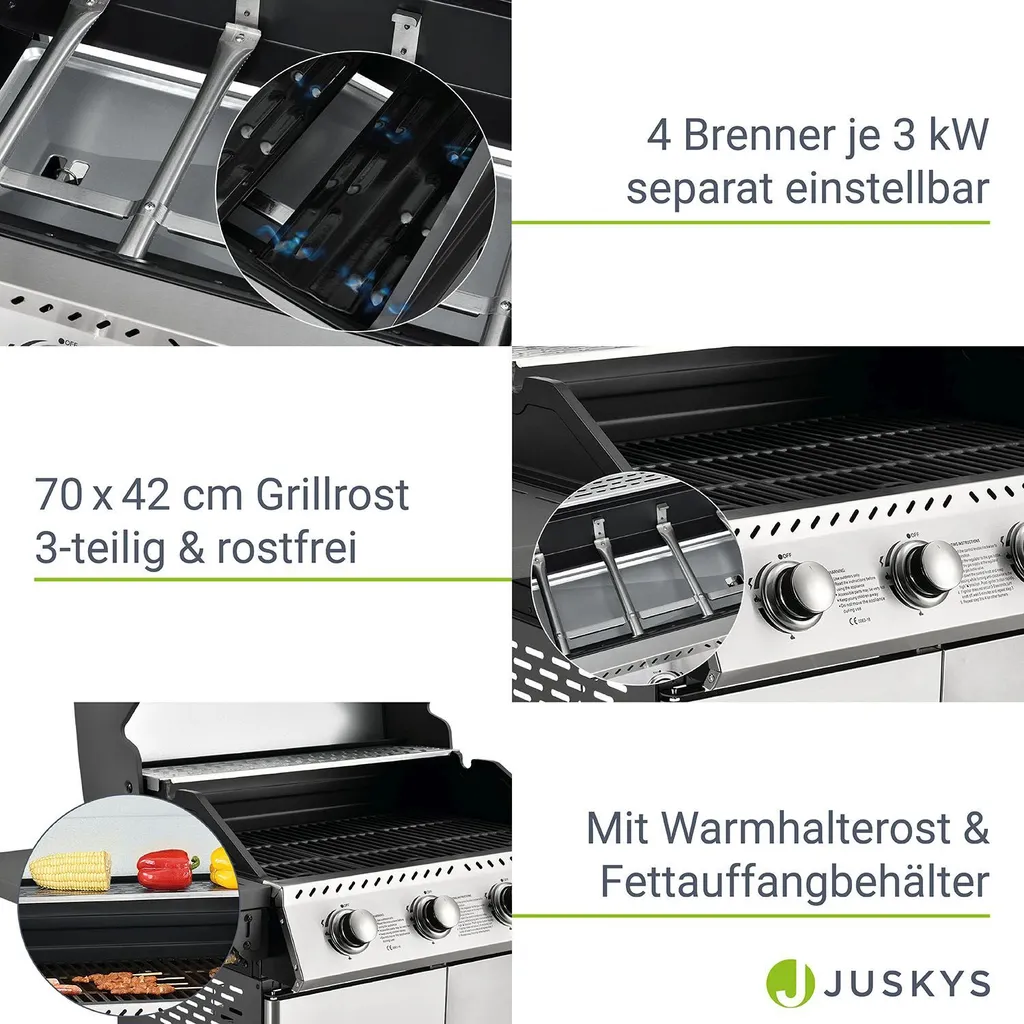 Juskys Gasgrill Kansas Mit 4 Brenner 12 KW, BBQ Grill Mit Gusseisen-Grillrost, Warmhalterost & Thermometer, XL Grillwagen 2 Seitenablagen & 4 Räder 6 Juskys Gasgrill Kansas Mit 4 Brenner 12 KW, BBQ Grill Mit Gusseisen-Grillrost, Warmhalterost & Thermometer, XL Grillwagen 2 Seitenablagen & 4 Räder – Bild 4