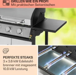 Klarstein Gasgrill Mit Großer Grillfläche, Gasgrill Mit 3 Brenner, 10,8 KW Edelstahl-Gasgrill, BBQ Gasgrill Für Balkon & Garten, Grill Für Propangas, Gasgrills Mit Seitentischen & Thermometer -Günstiges Laube Lust Geschäft 7279dcb96d5fe393fb0f0451c566e541